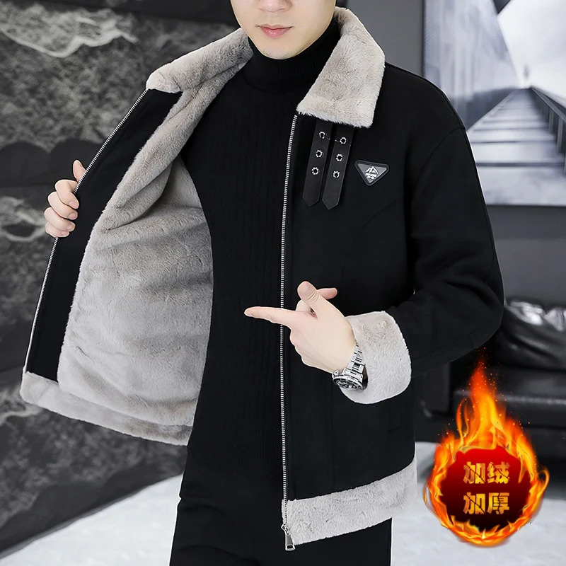 Winter Fur Leather Jacket Men Fashion Plus Velvet Padded Warm Motorcycle Lapel Casual Business Social Overcoat 261014