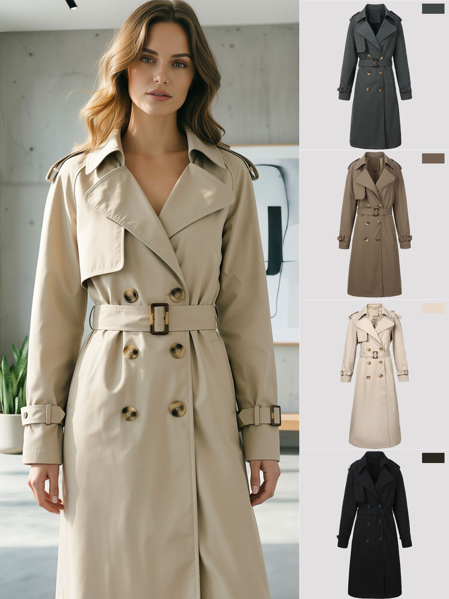Designer 2026 European Luxury Classic Women's Trench Coat Turn-down Collar, Double-breasted, With A Waist-cinching Belt, Structured And Elegant