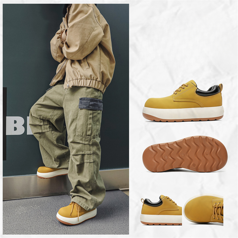 New Men's Niche Q-Version Large-Toe Derby Leather Shoes, Yellow Low-Top Casual Boots For Men