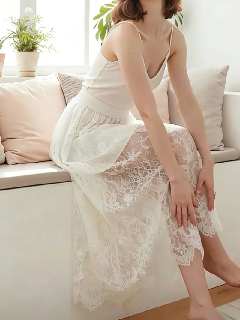 2 Length Elegant Black Skirt White Lace Transparent Long Tulle Ladies Elastic High Waist Beach Midi Drop 261015