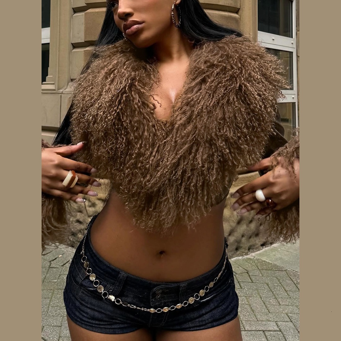 European And American Faux Fur Autumn/winter New Women's Fashion Tassel Fur Collar Patchwork Long-sleeve Solid Color V-neck Short Leather Jacke