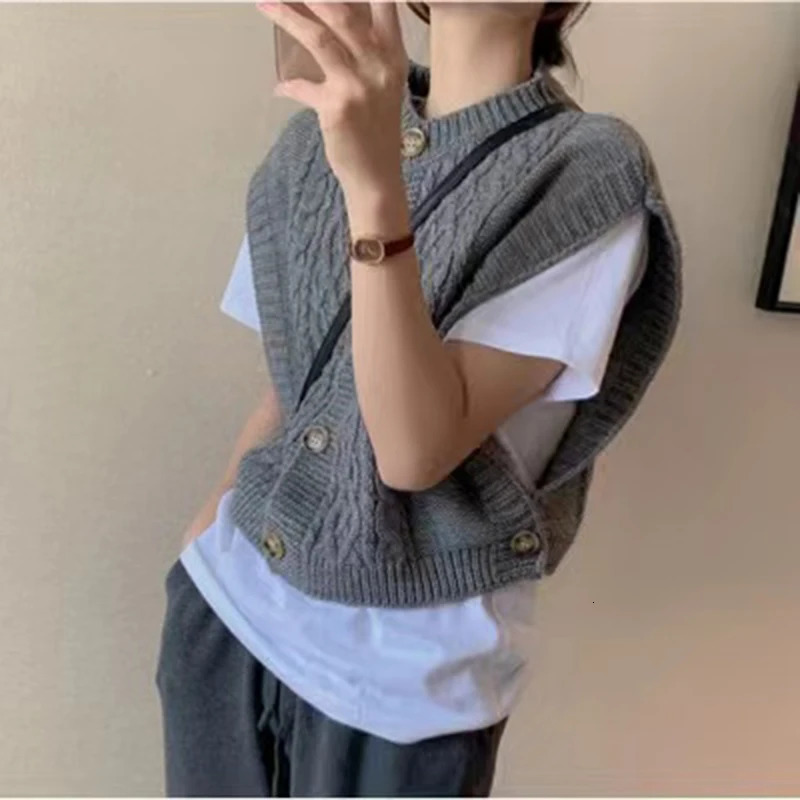 Fashion Korean Knitted Cardigan Sweater Vest Women Retro Solid Color Casual O Neck Buttons Short Tank Top Sleeveless Office Lady 261009