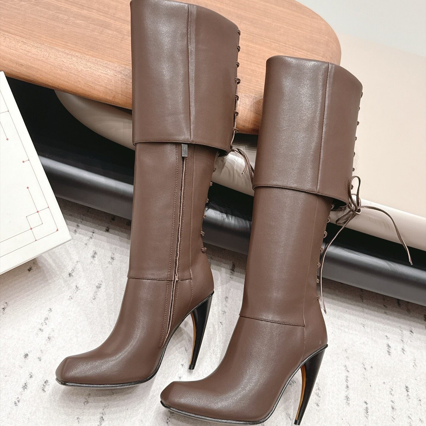 knee high boot woman designer heel point toe leather zipper luxury comfortable khaki party work office city retro modern casual fashion sport stylis
