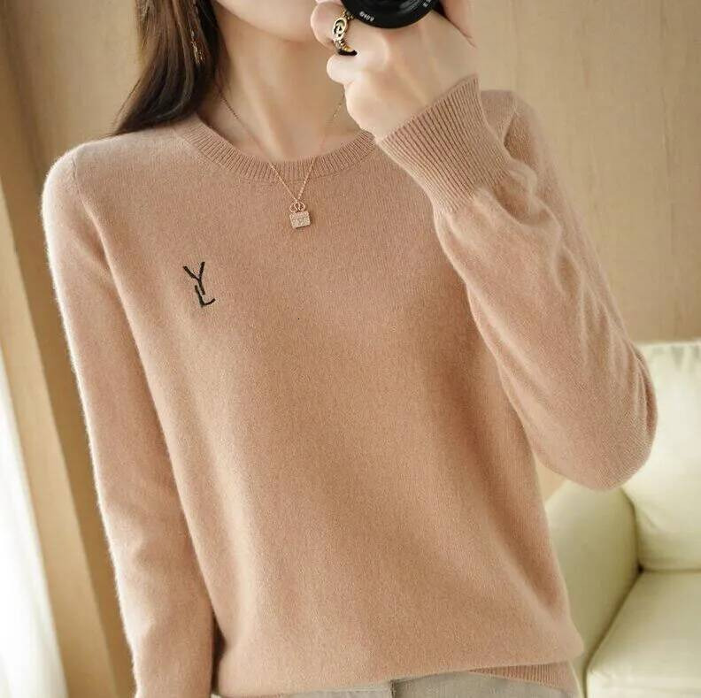 yslshoesfor sweater Laurent Designer puff cashmere yslhand sweater women's loose round neck sweaters versatile Y embroidery knit bottom shirt S