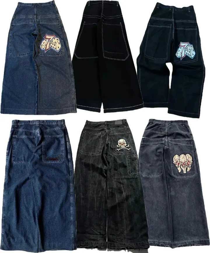 Men's Jeans Men Women Retro Gothic High Waist Jeans Y2k Baggy Black Harajuku Hip Hop Pattern Embroidered Blue Denim Pants Wide Leg JeansT261016