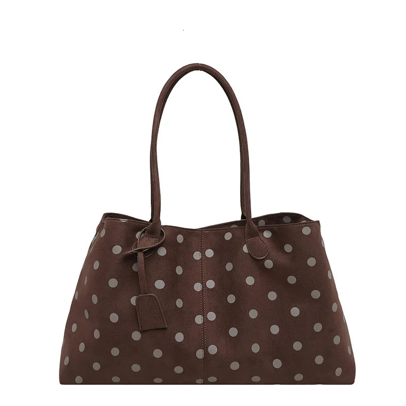 Vintage Polka Dot Faux Suede Tote Bag For Women Large Capacity Soft Shoulder Bag Magnetic Buckle Closure Casual Handbag 261016