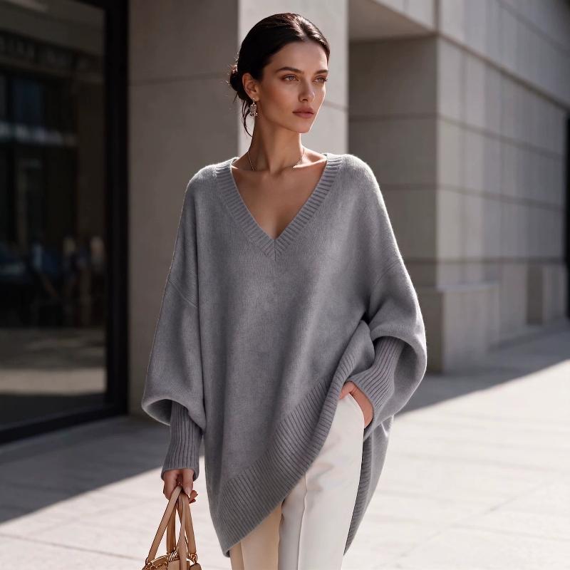 Designer Women's Long Sleeve V Neck Knit Sweater Solid Color Oversized Pullover Top Fall Winter Casual Jumper