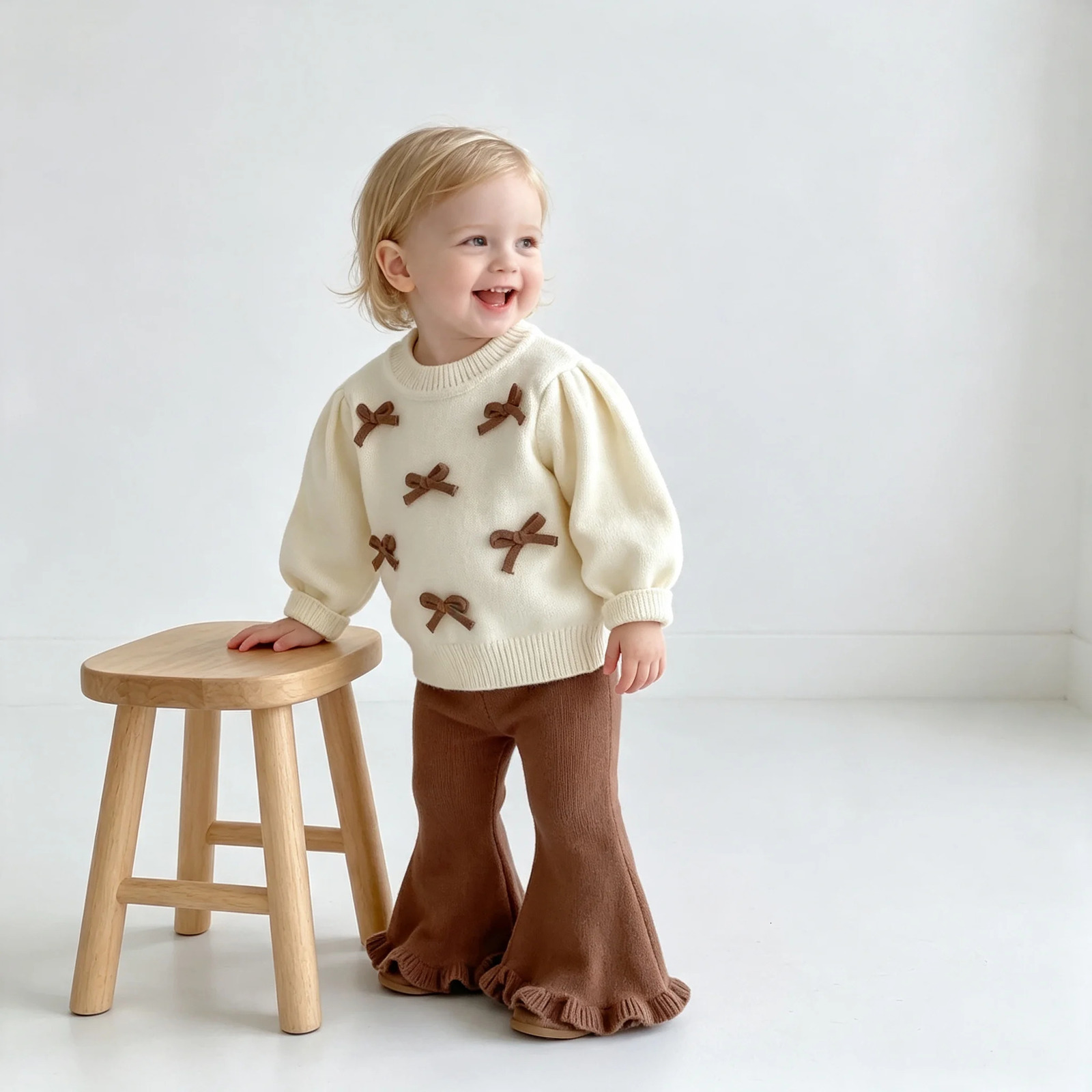 0-24M born Baby Girls Sweater Autumn Winter Cute Bow Round Neck Top Flared Pantscute Bag 3pcs Set For Toddler Infant 261015