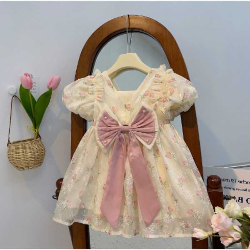 2024 Summer New Dress Girls Flower Sweet Gentle Pink Princess Skirt Childrens Ball Gown Puff Sleeve Dress S26101629KV