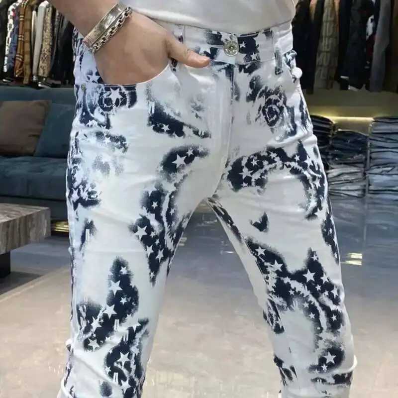 Men's Jeans Trendy Men's Slim Fit Jeans Personalized Print Street Elastic Men's Pant Pantalon Homme Punk Denim Long Pants Hip Hop Jea