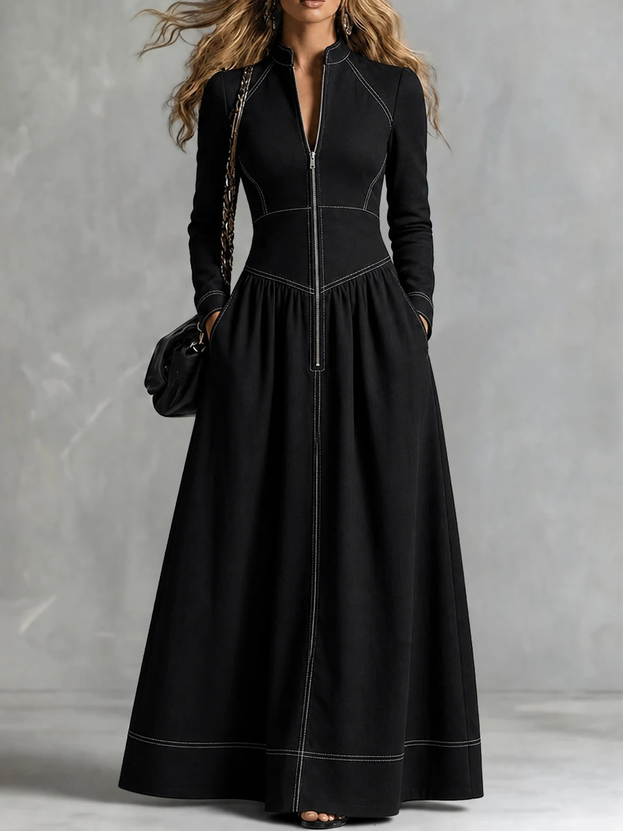 Modigirl Women Contrast Stitching Maxi Dress Stand Collar Long Sleeve High Waist Long Dress Elegant Ladies Daily Party Dresses 261015