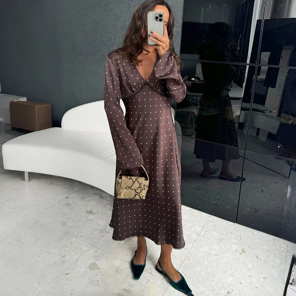 Talenza Women Polka Dot Dress Fashion Satin Print Contrast V-Neck High-Waisted Dress Summer Elegant Female Party Dress 2026 261015