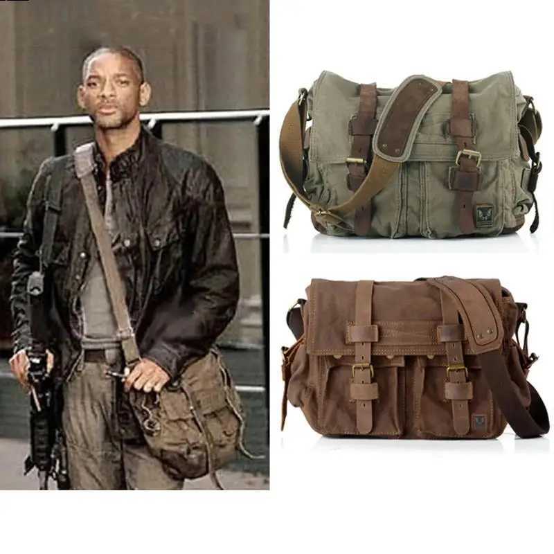 Cross Body I AM LEGEND Will Smith military Canvas and Genuine leather Vintage Men Messenger Bag Shoulder Bag men Crossbody Bag Casual Bag H261016