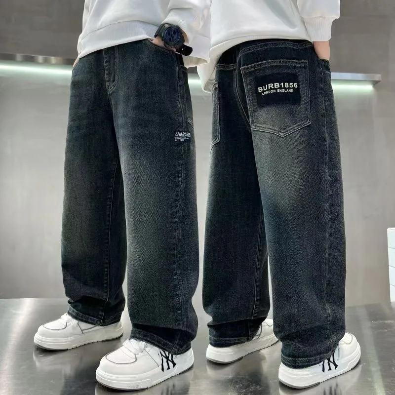 Spring Autumn Teenage Boys Denim Pants Kids Fashion Letter Jeans Pants Casual Loose Straight Trousers for 4-14 Years Old261016