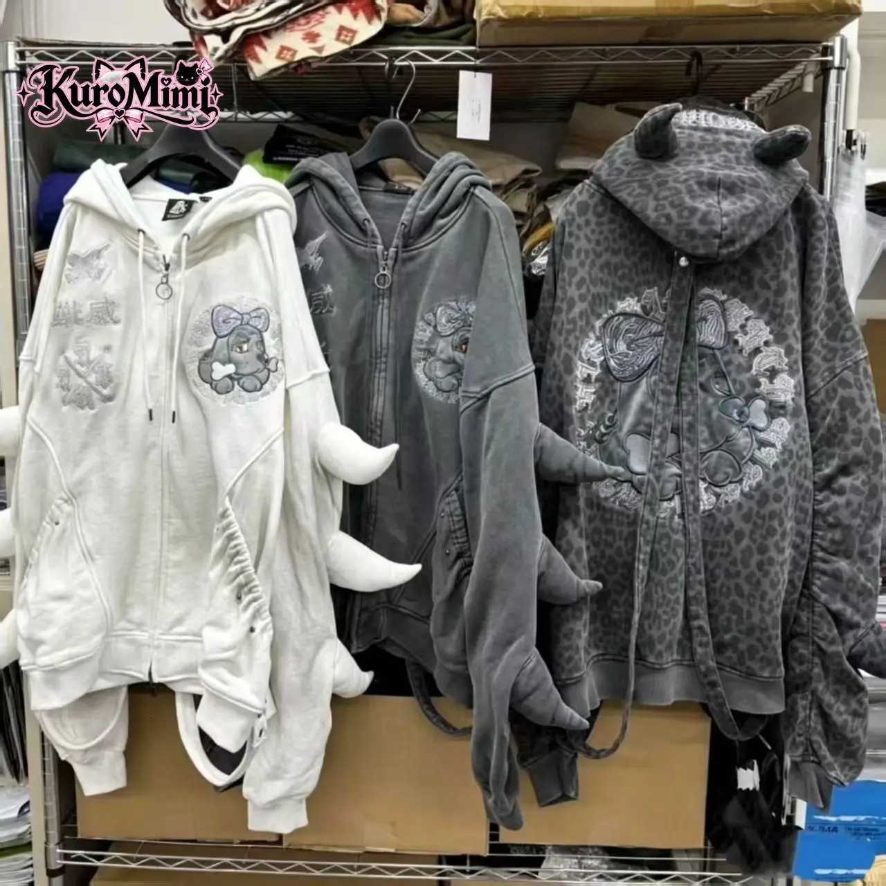 Harajuku Men's Jackets Oversized Y2K Cthulhu Zip Up Hoodie Women Devil Horn Tie Embroidery Washed Gray Loose Fit Casual Streetwear Outfit N2610