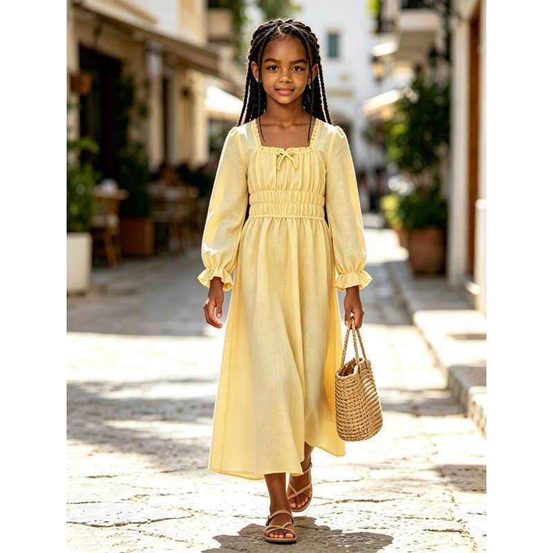 8-12 Girls Light Yellow Midi Dress Square Neck Ruled Long Sleeve Elastic Waist Flowy Dress Spring Autumn Kids Outfit S261016ZGPS