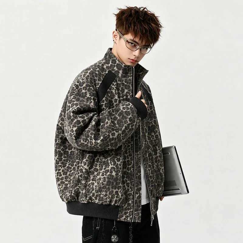 Leopard Men's Trendy Men's Jackets Print Bomber Jacket - Autumn Streetwear Zip-Up Coat with Contrast Ribbed Trim for Casual Daily Wear N26