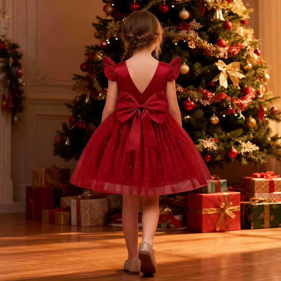 Girls Flower Satin V-Back Red Beaded Big Bow Princess Dress For Children Pageant Wedding Birthday Party Christmas New Year Gown S261016HYTA