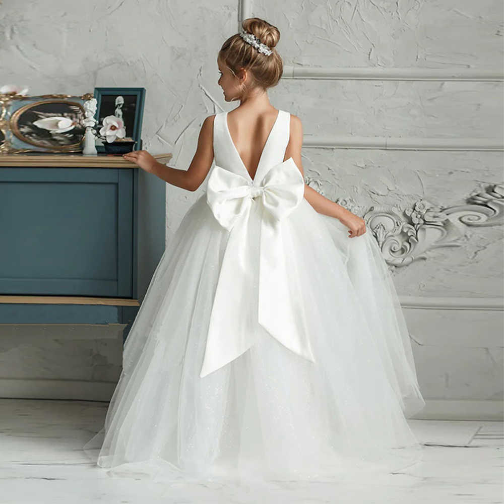 Long Girl White Bridesmaid Dresses For Wedding Prom Gown Big Bow Girls Party Dress Kids First Communiom Formal Evening Vestidos S261016L70T