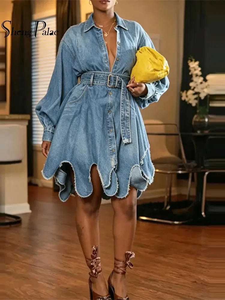 SHENGPALAE Women Lapel Long Sleeve Denim Dresses Belted Waist Ruffle Hem Loose Elegant Casual Shirt Mini Dress Autumn 2026 261015