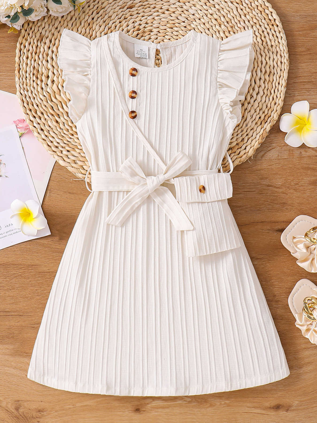 and Spring summer girls fashion vation casual solid color round neck flying sleeve dress summer clothing + small satchel S2610160DVF