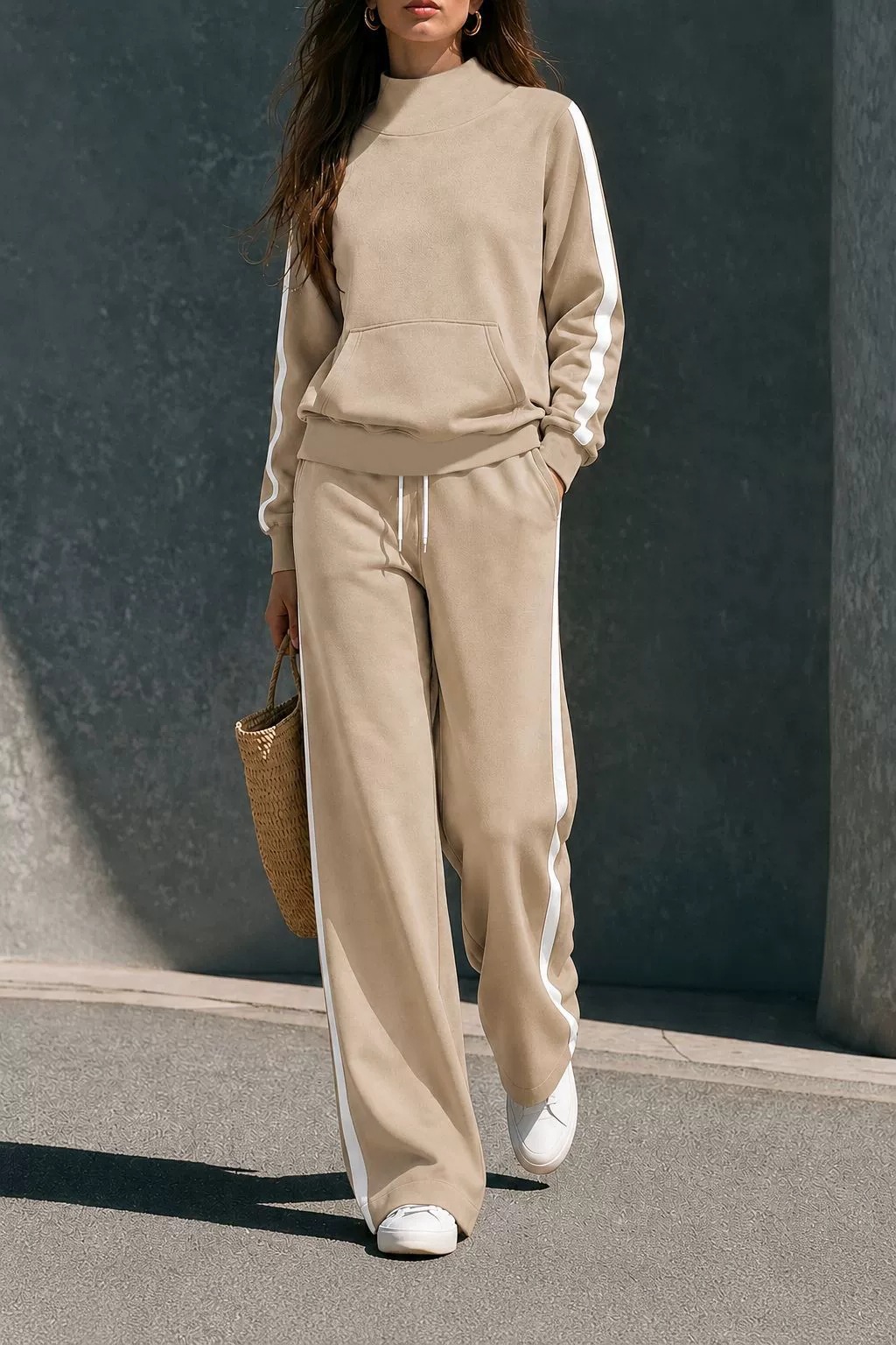 New Women's Mock Neck Side Stripe Sweatset Kangaroo Pocket Sweatshirt High Waist Wide Leg Pants 2 Piece Tracksuit Matching Outfit