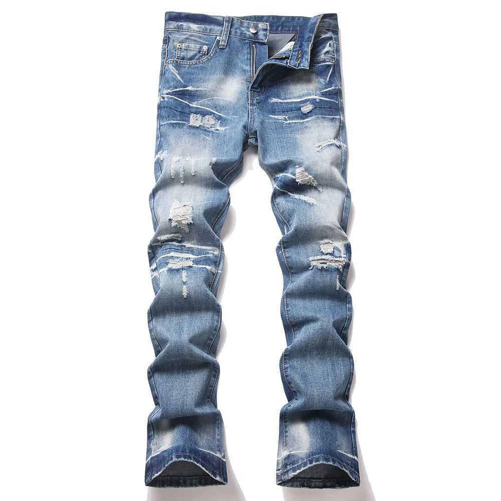 Men's Jeans Men's Blue Flared Jeans Streetwear Washed Stretch Denim Pants Casual Holes Ripped Distressed Slim Boot Cut TrousersT261016