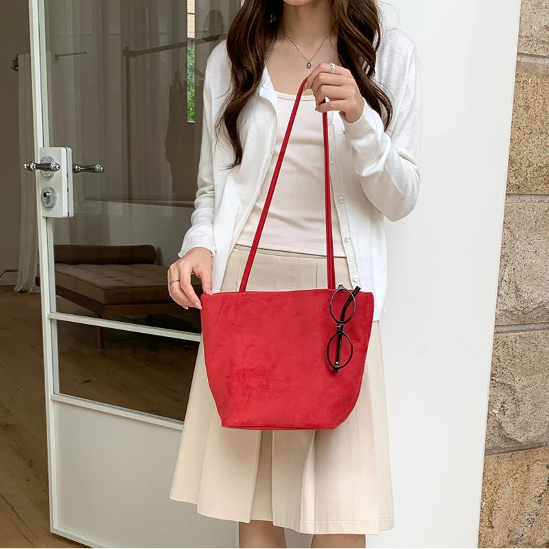 Autumn Winter Retro Faux Suede Bucket Bag Deer Spot Print Large Capacity Shoulder Bag Fashion Soft Comfortable Tote Bag 261016