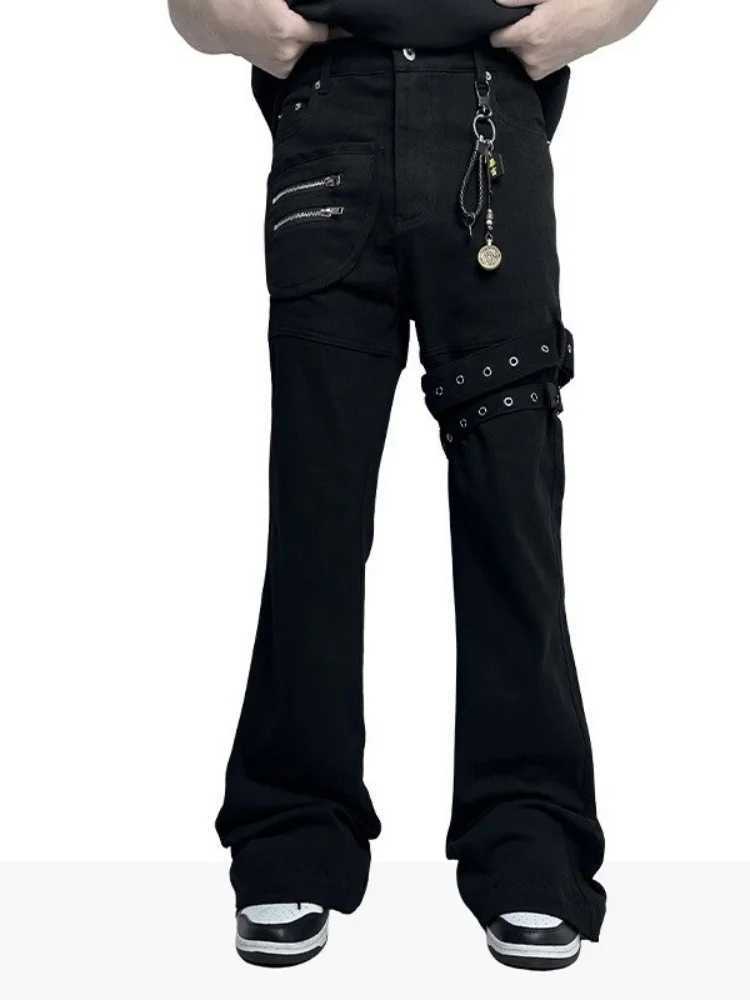 Men's Jeans 2025 Ropa Y2K Fashion Strap Zipper Black Slim Casual Jeans Pants For Men Clothing Gothic Cotton Long Trousers Pantalon HombreT26101