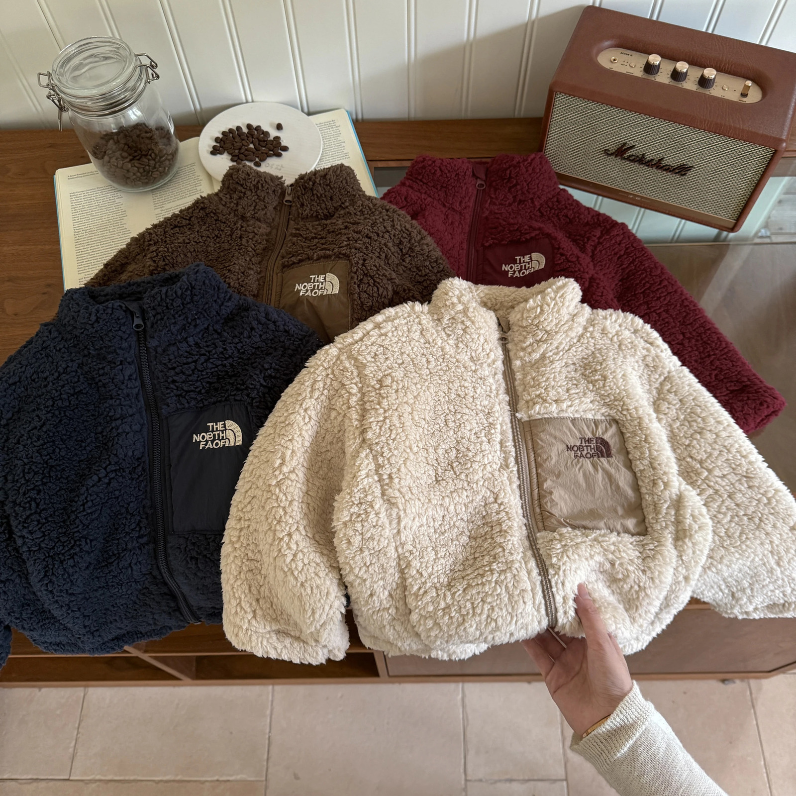 Children's winter stand up collar lambhair jacket for boys and girls embroidered woolen sweater for babies261016