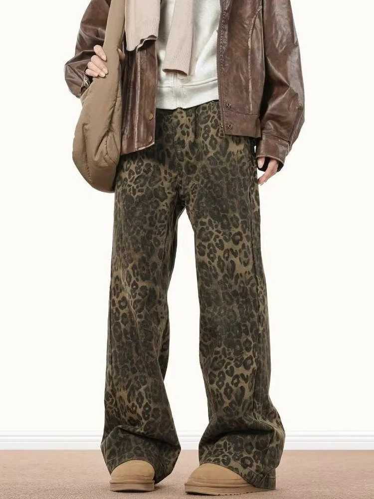 Men's Jeans Y2k Animal Leopard Print Baggy Jeans Men Streetwear Vintage Wide Leg Flared Denim Pants Hip Hop Techwear Straight Long TrousersT261