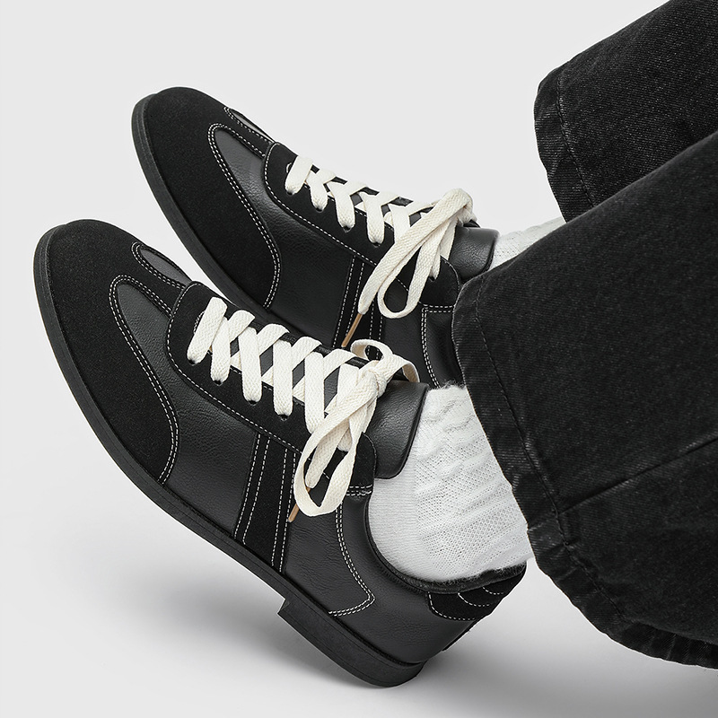 Men's German Training Glossy Black Pointed Toe Sneakers, Casual Leather British Retro Commuter Shoes, A-9