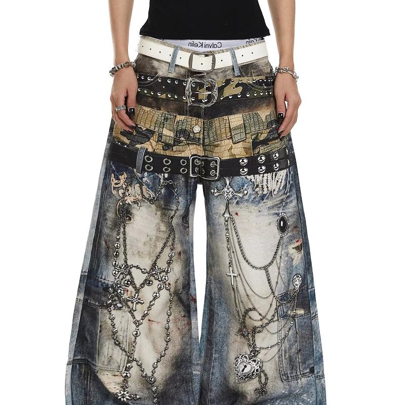 Designer American Vintage Street Embroidered Distressed Wide-Leg Jeans, Y2K Wasteland Style Loose Denim Trousers, Unisex Casual Pants
