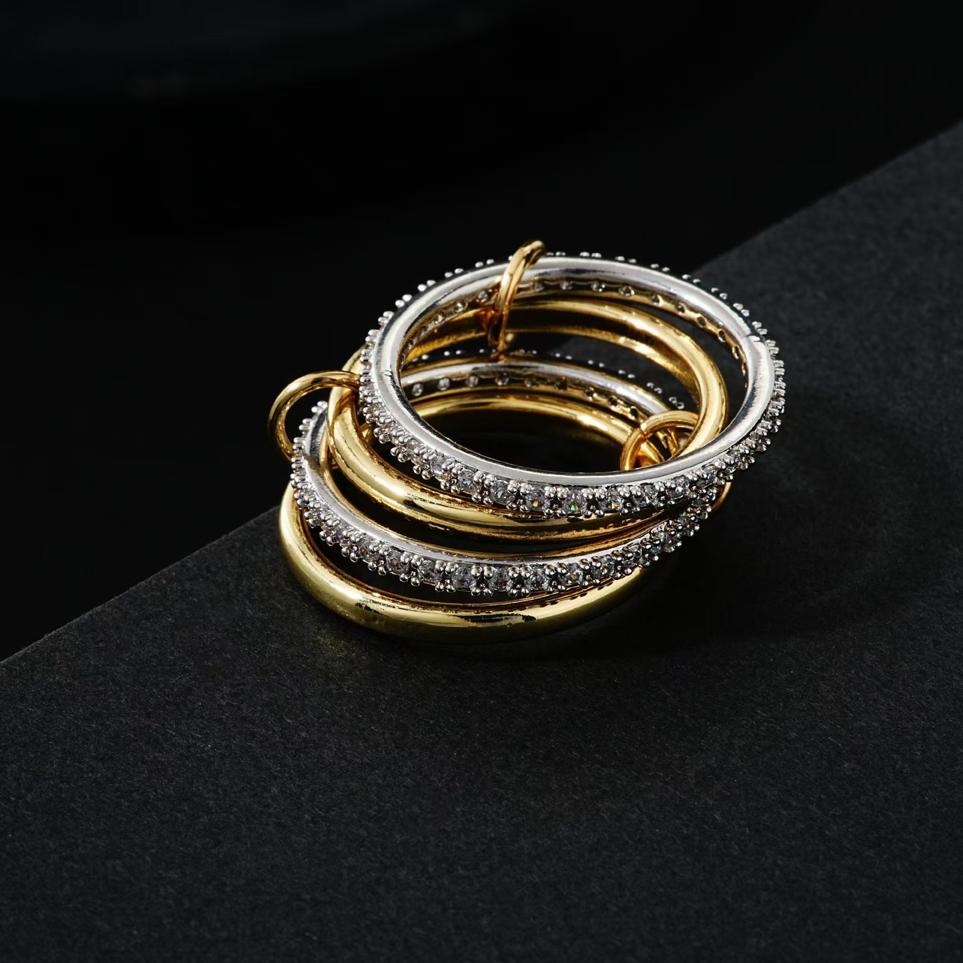 Hip-hop style double-color multi-layer overlapping couple ring made of 925 silver with morganite inlay