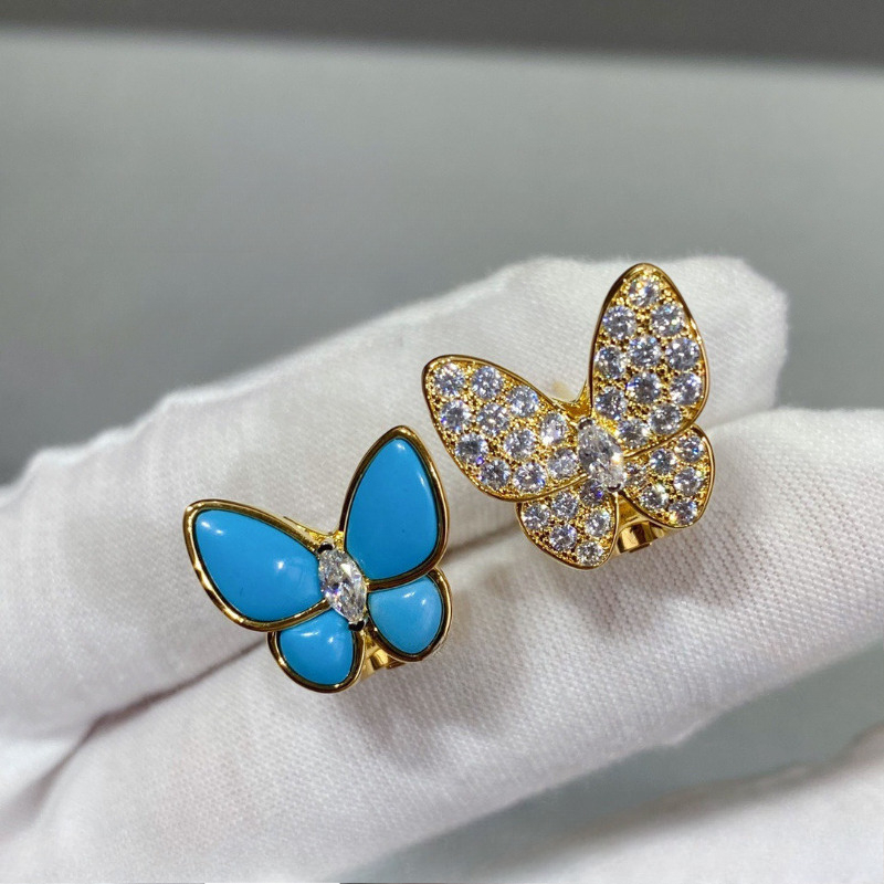 Luxury Butterfly Shape Ring for Women Sparkling CZ Stones Turquoise Inlaid 18K Gold Ladies Engagement Rings Daily Party Wedding Jewelry