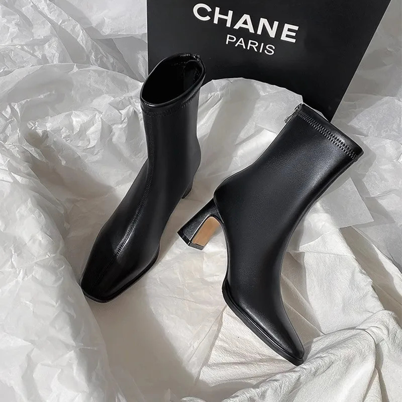 Square Ankle Boots Autumn Comfortable Soft Leather High Heel Boots Women's Fashion Zipper Simple Temperament Women's Shoes 261016