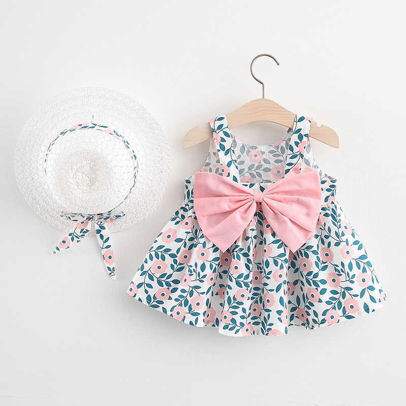 Summer 2pcs Baby Girls Beh Princess Dress Cute Bow Flowers Sleeveless Cotton Toddler Dresses+Sunhat Newborn Clothing Set S261016IAQH