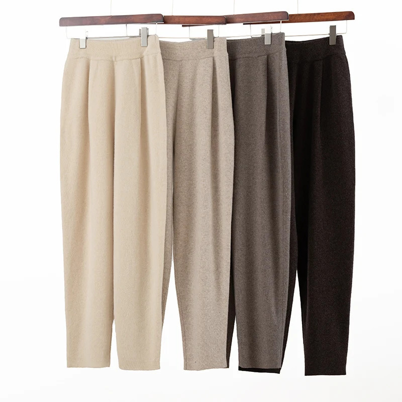 Women's Autumn Winter Thickened Warm Harem Pants 100 Merino Wool High Waist Knitted Jeans Slim Fit Trousers 261015