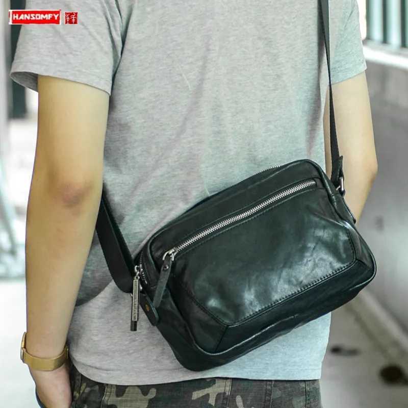 Cross Body New Men's Leather Shoulder Bag Head Layer Cowhide Mini Casual Small Satchel Handmade Fashion Messenger Bags Black Yellow Cowhide H26