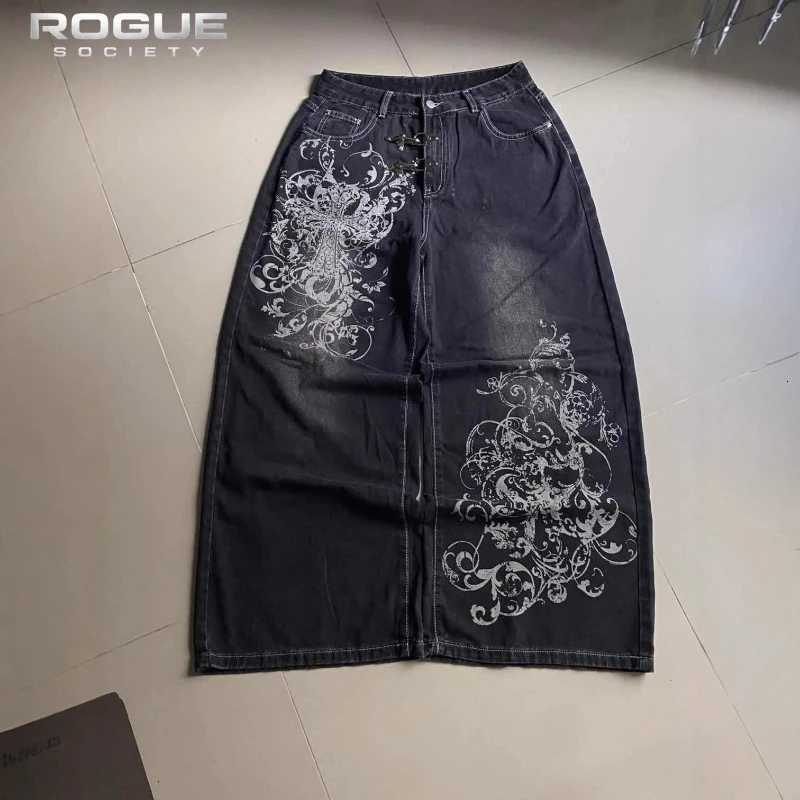 Men's Jeans Summer Y2K Vintage Cross Print Denim Pants Men Gothic Wide Leg Baggy Straight Harajuku Trousers Grunge Streetwear Jeans UnisexT2610