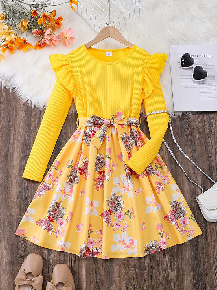 And Spring Autumn Winter Girls Children Girls Casual Cute Sweet Petal Sleeves Adjustable Belt Digital Printed Dress S261016Y381