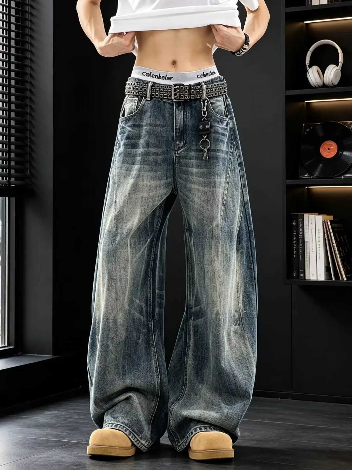 Men's Jeans Washed Bamboo Fiber Wide Leg Men's Jeans Spring Autumn Casual Loose Fit Knife Style Youthful Trendy Straight Tube TrousersT261