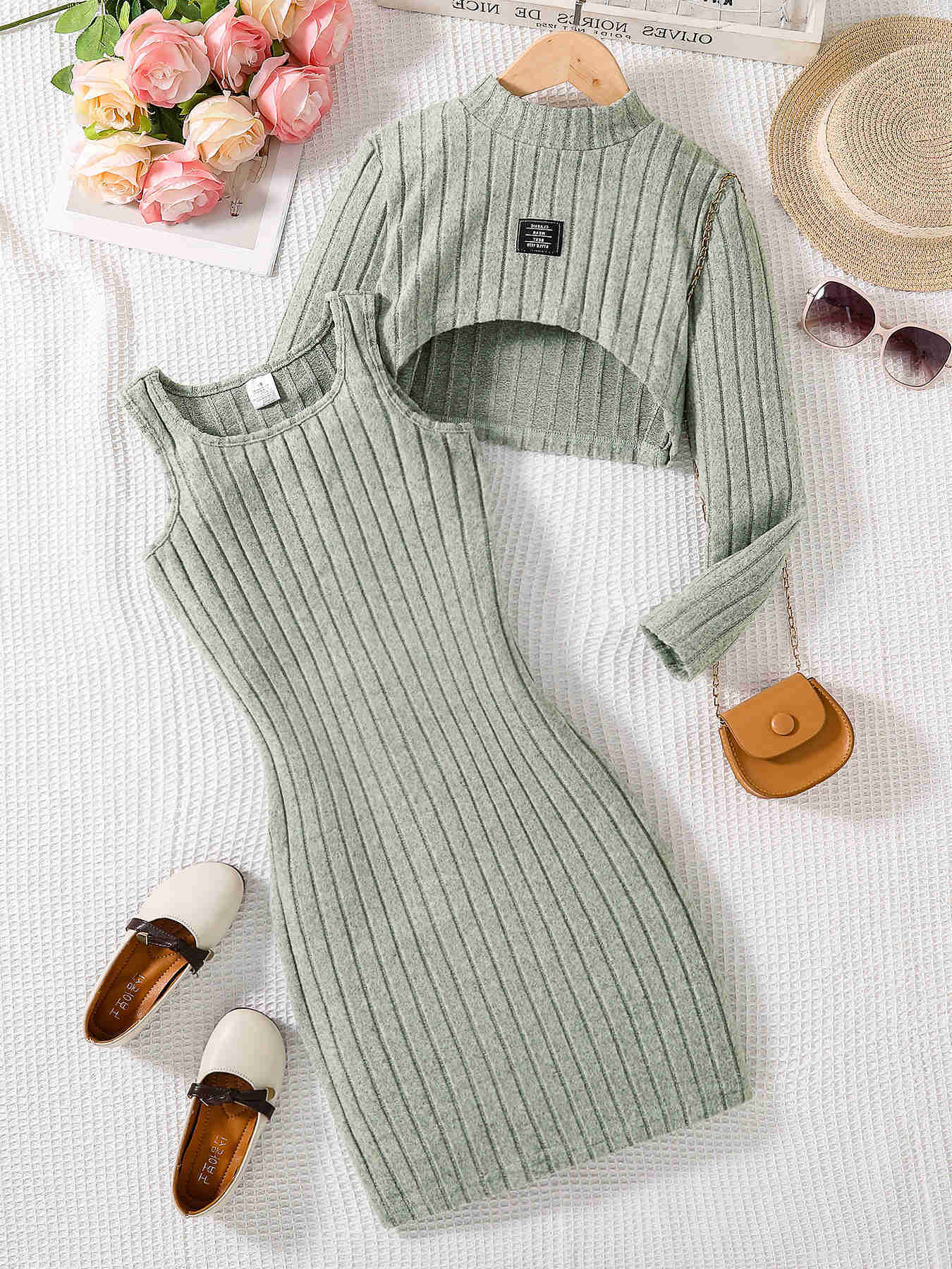 and Spring autumn new girls fashion knitted solid color pit strip mid-collar long-sleeved shirt + sleeveless vest casual dress 2 S261016DTCE