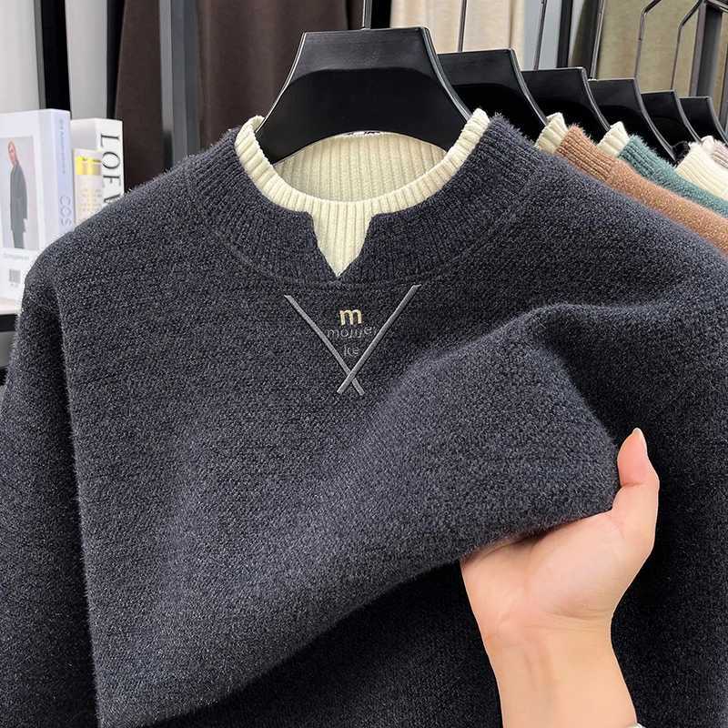 Luxury Brand Men's Embroidered O-neck Long Sved Sweater Winter Fake Two Piece Warm Knitted Pullover Fashion Casual Wear Q261015