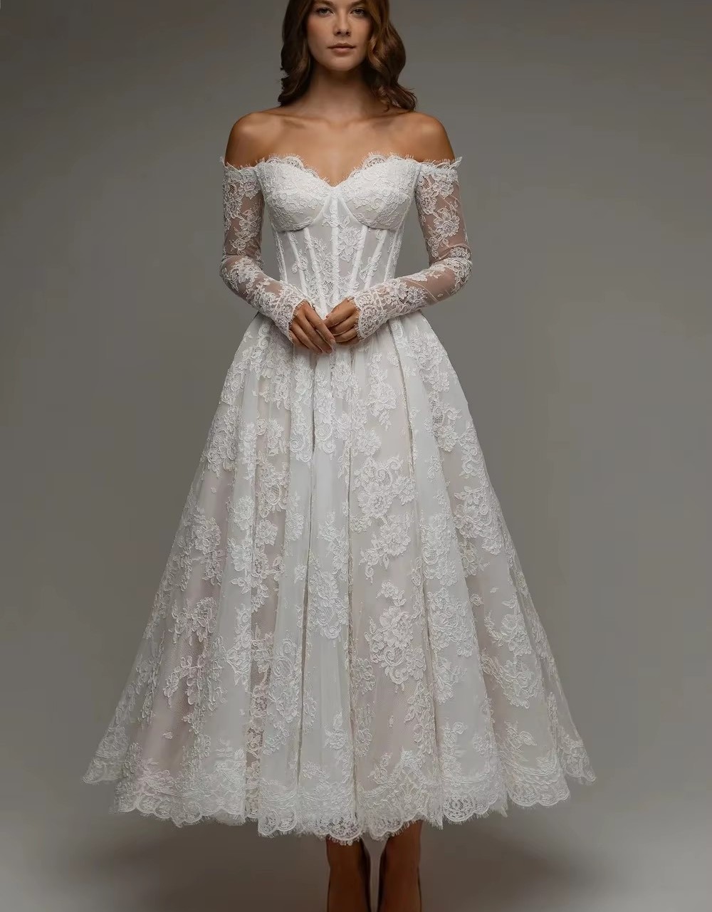 Elegnat Wedding Dress 2027 Off Shoulder Floral Lace Long Sleeves Tea Length A-Line Retro Bridal Bride Gowns Party Vestidos De Novia