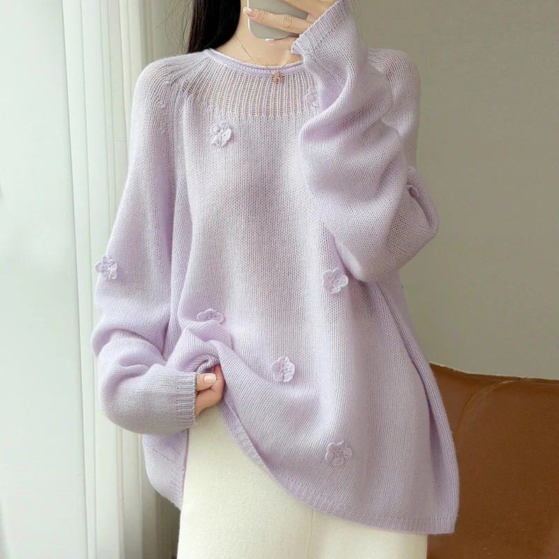 Fashion women's sweater 100 pure wool knitted Oneck pullover upscale solid color long sleeves 261009