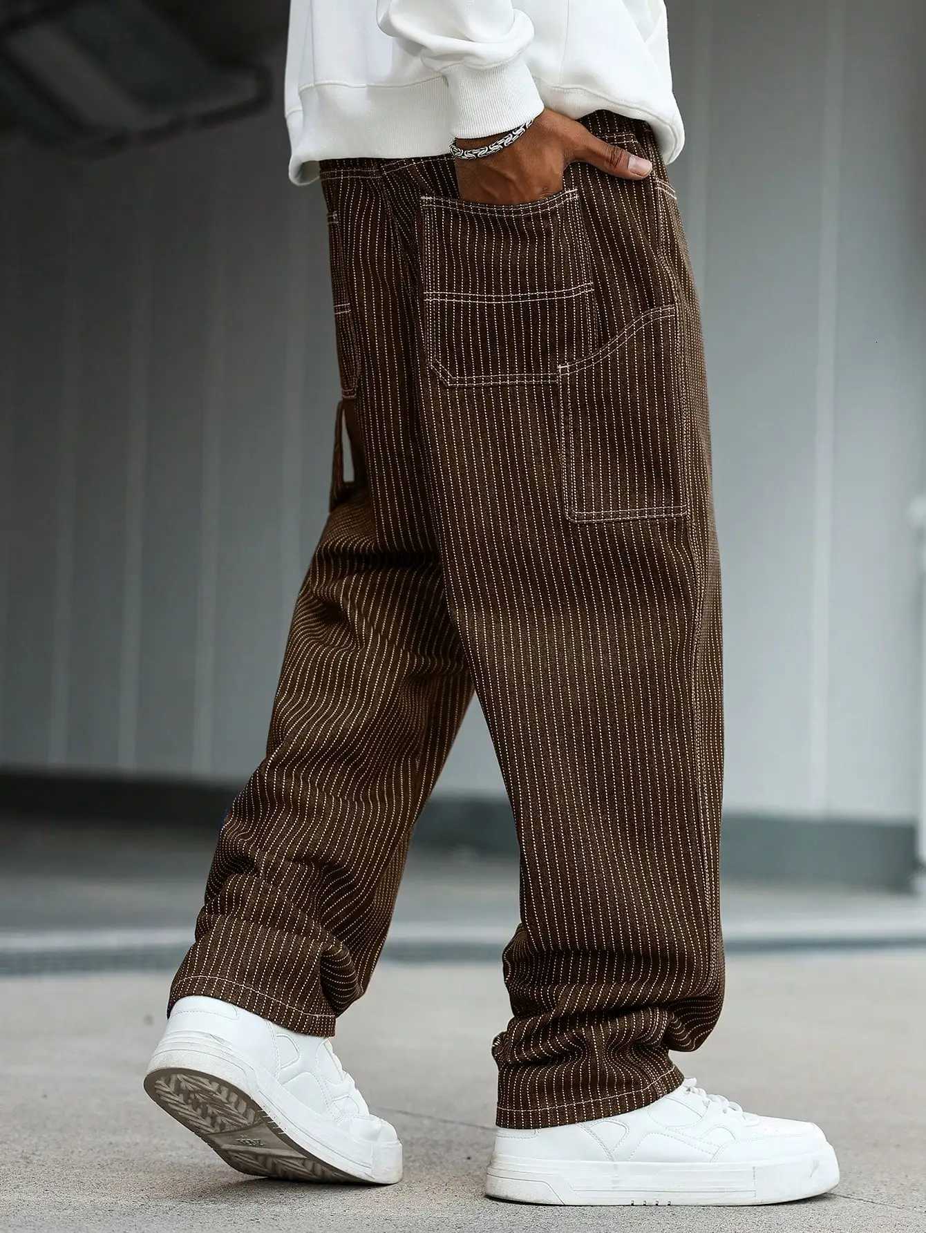 Men's Jeans Men's vintage brown-and-white thin pinstripe loose wide-leg denim trousers Y2K workwear street-style unisex casual jeansT26101