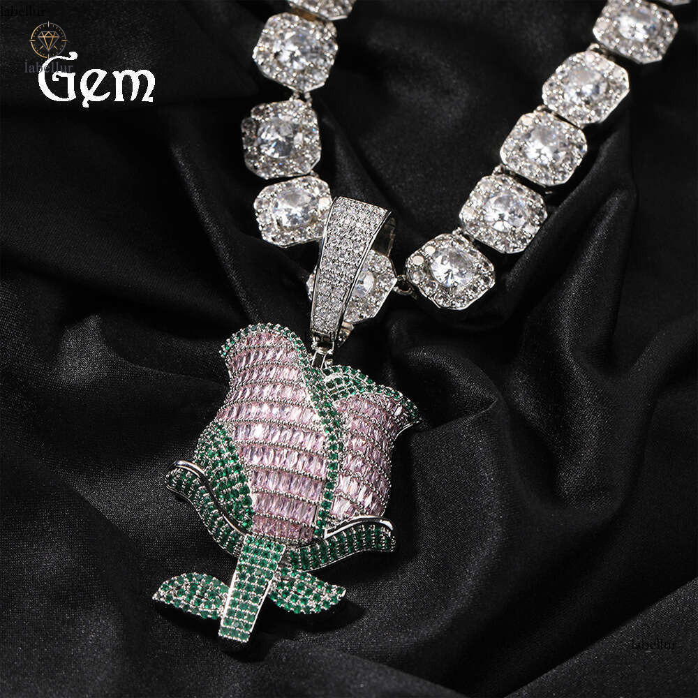 New Moissanite Jewelry Style Personality Rose Retro Hip Hop Silver Micro-Inlaid Moissanite Flower Pendant Necklace Wholesale a