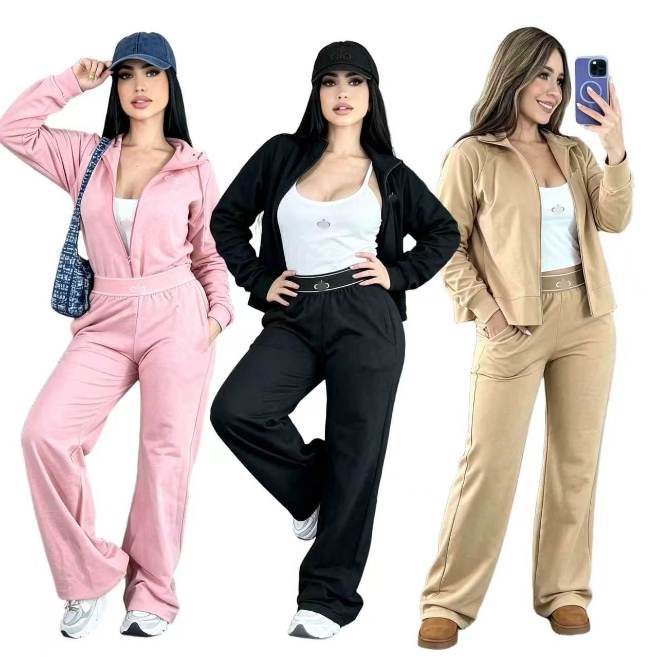 Premium Women 3 Piece Tracksuit Set Zip Up Stand Collar Jacket Crop Cami Top High Waist Wide Leg Pants Casual Matching Outfit