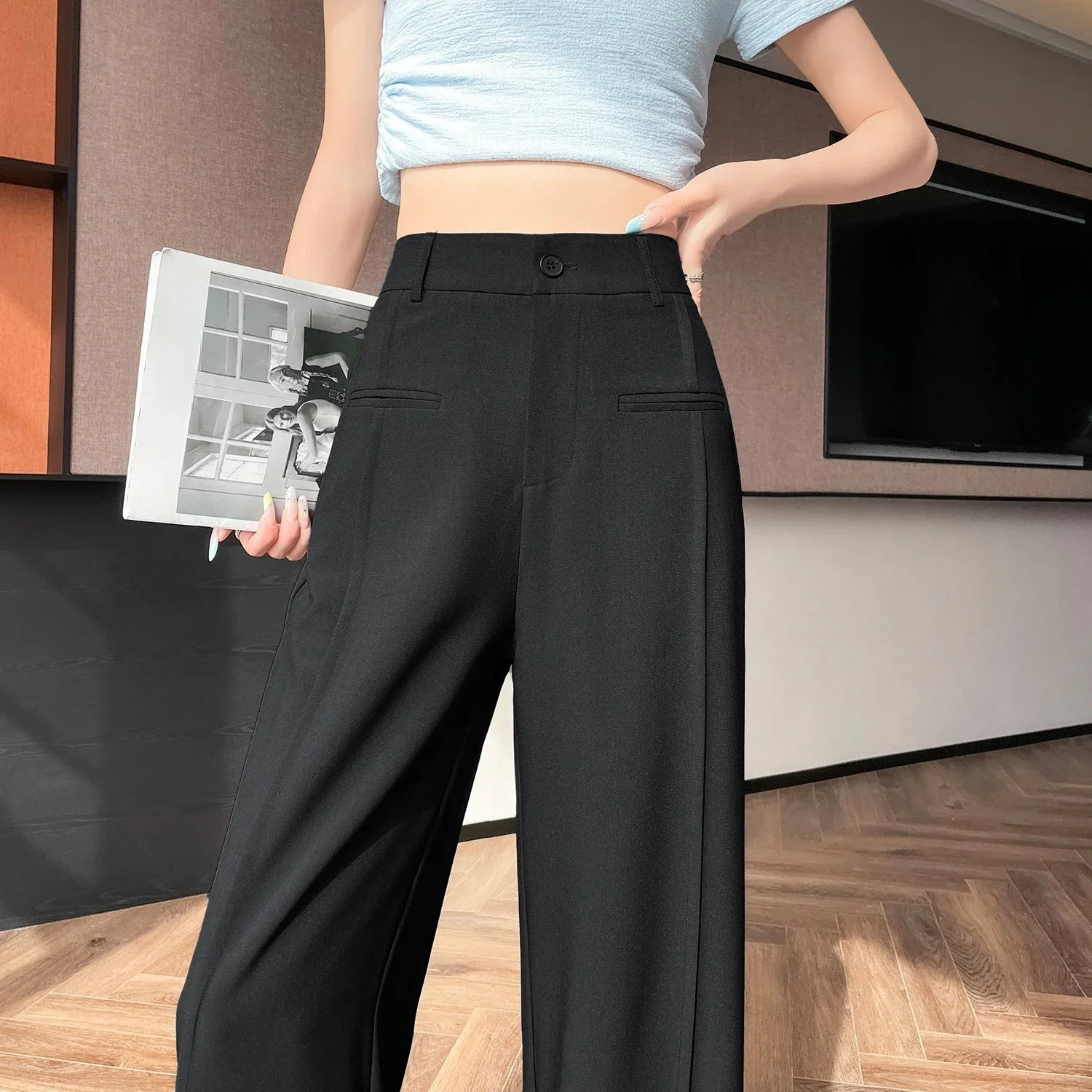 High Quality 2025 Waist Suit Wide Leg Womens Full Length Pants Summer Elegant Minimalism Straight Loose Trousers Female 261015